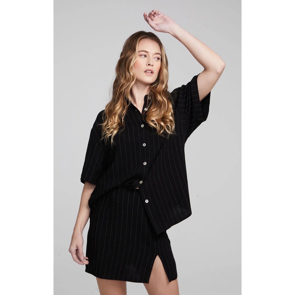 NWT Chaser Beverly Pinstripe Bocelli Button Down Shirt Black Small